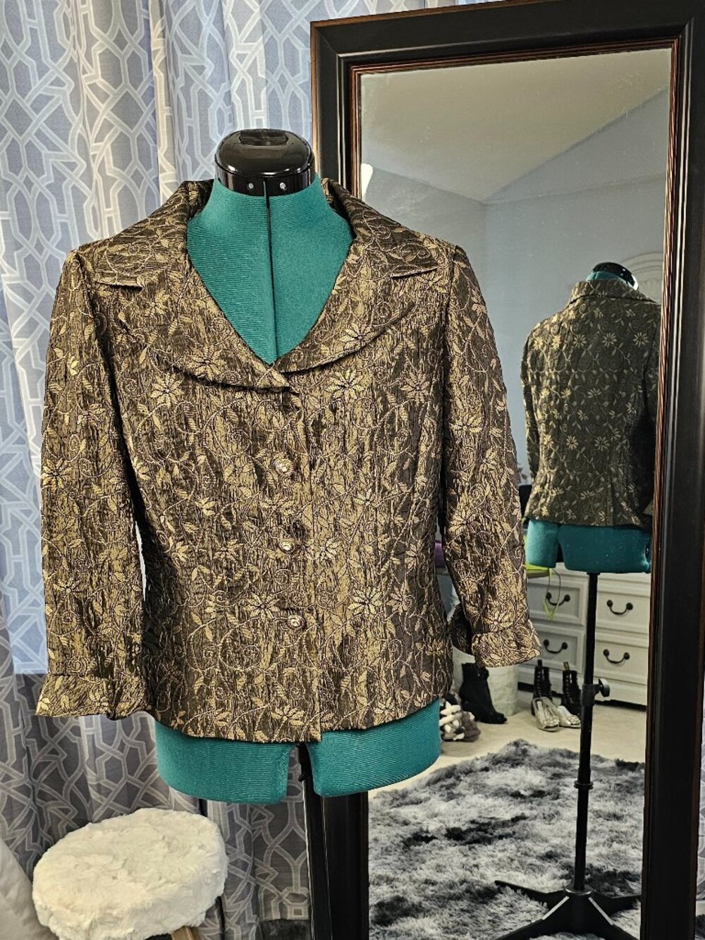 Virgo Petite Metallic Gold Floral Brocade Blazer, Structured Evening Jacket Sz 8